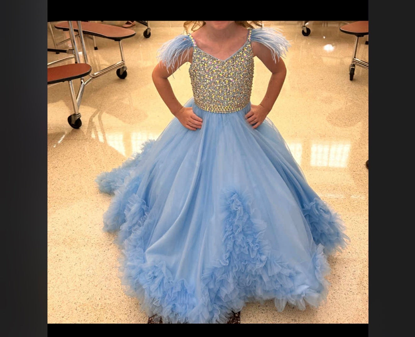 BU- Size 2 Cinderella Blue Feather Long Dress